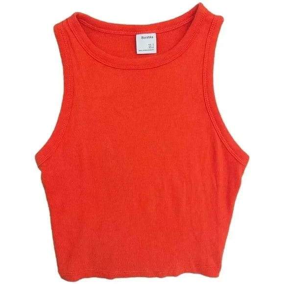 Bershka Ribbed Crop Tank Tops Bundle | Orange & Beige Knit Stretch Basics| Small - Picture 2 of 8